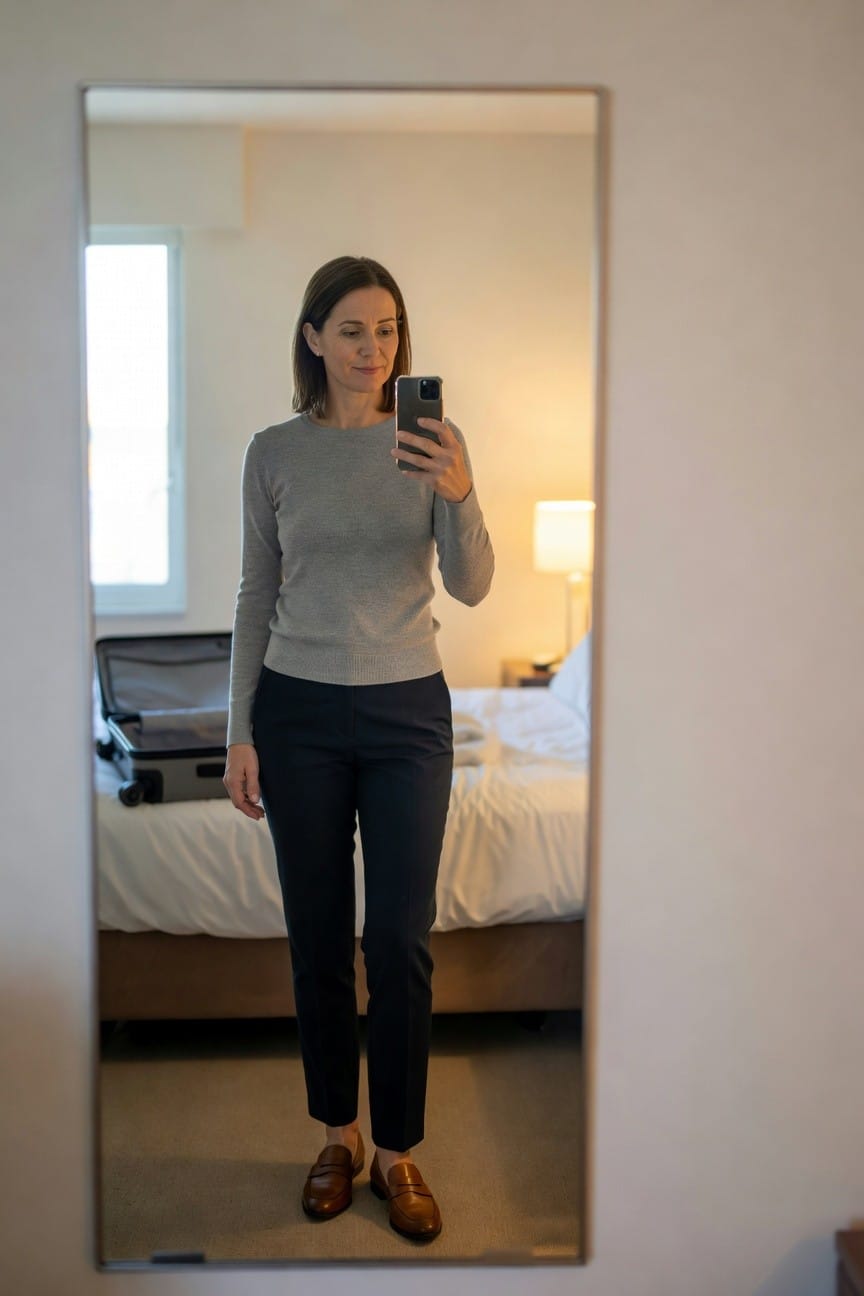 Woman taking mirror selfie in hotel room wearing fitted light gray long-sleeve knit sweater, slim navy ankle-length pants, and brown leather loafers, with suitcase and bed in background