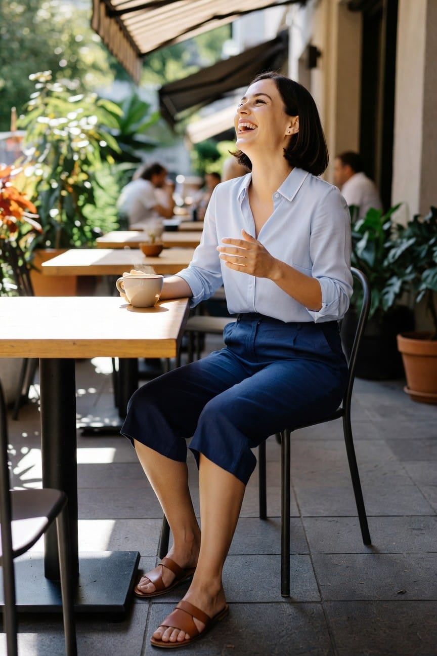 Woman in light blue collar blouse with rolled sleeves, navy ankle-cropped wide-leg pants, tan cross-strap flat sandals, small earrings, sitting and holding a beige coffee mug