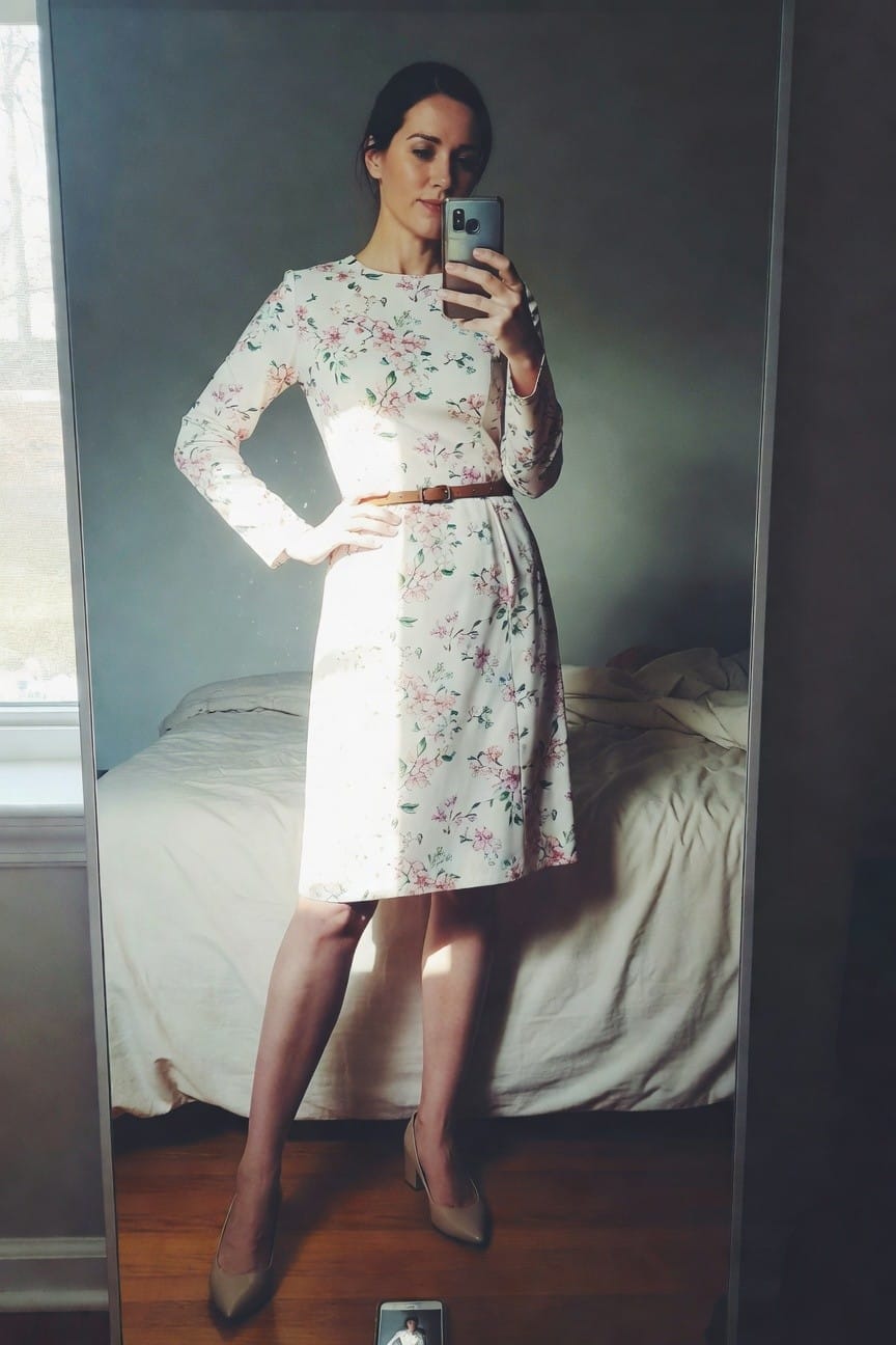 Woman taking mirror selfie in cream long-sleeve floral dress with pink flowers, tan belt at waist, nude high heels, bedroom mirror reflection