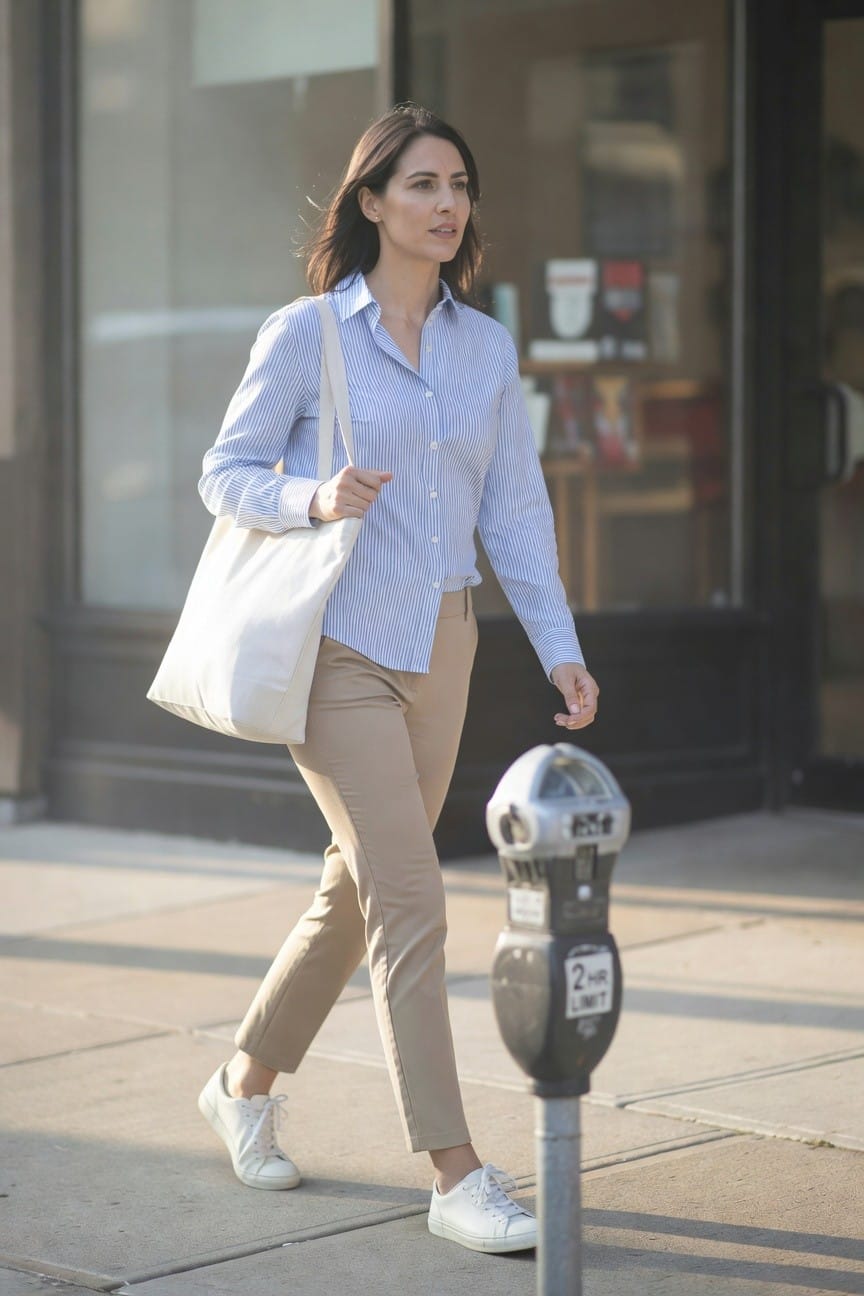 Woman in light blue long-sleeve striped button-up shirt, beige slim pants, white sneakers, and white canvas tote bag walking on sidewalk near parking meter
