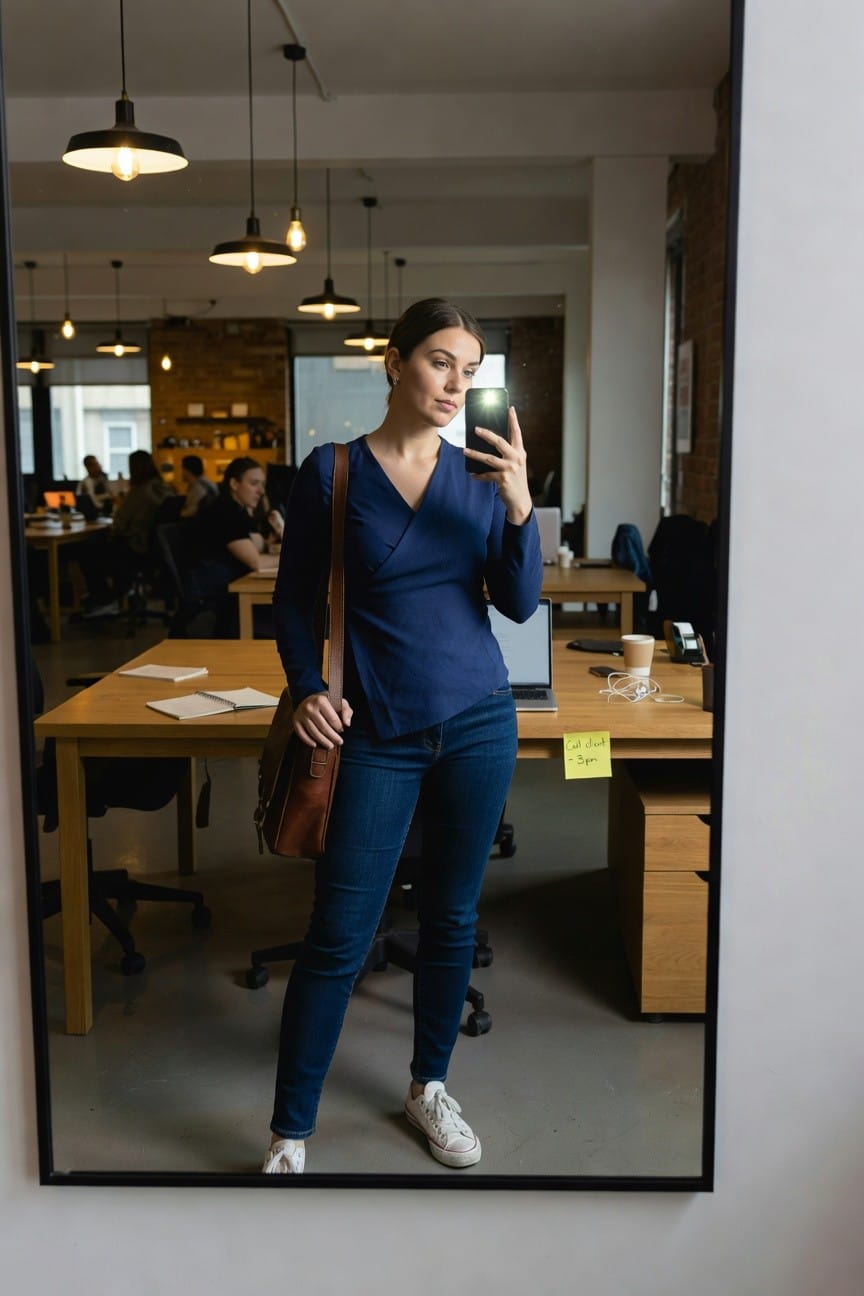Woman taking mirror selfie in modern office wearing navy long-sleeve wrap blouse, dark skinny jeans, brown leather shoulder bag, and white sneakers, with work desks and post-it note visible in background