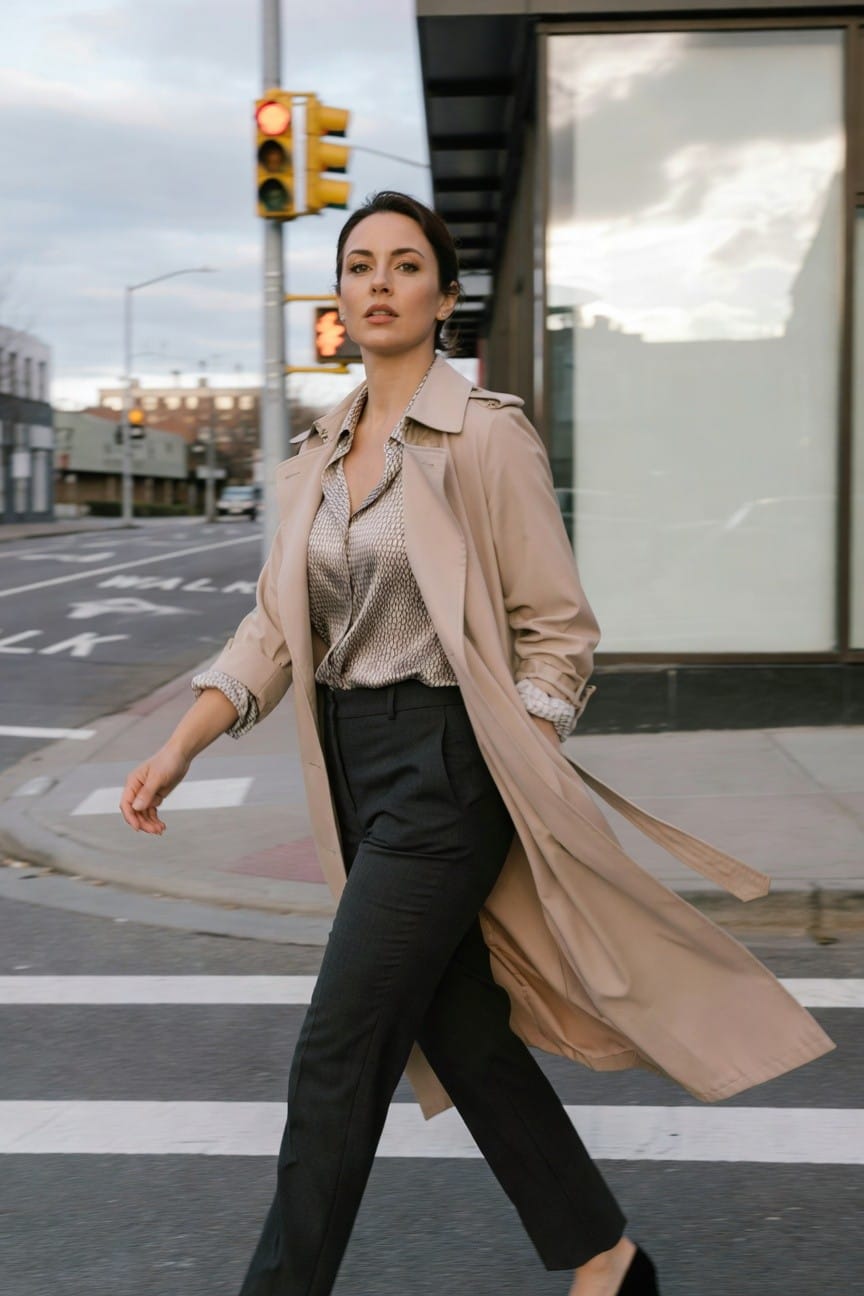 Woman walking in open beige trench coat over patterned silk blouse, black tailored trousers, and black heels, urban street crossing