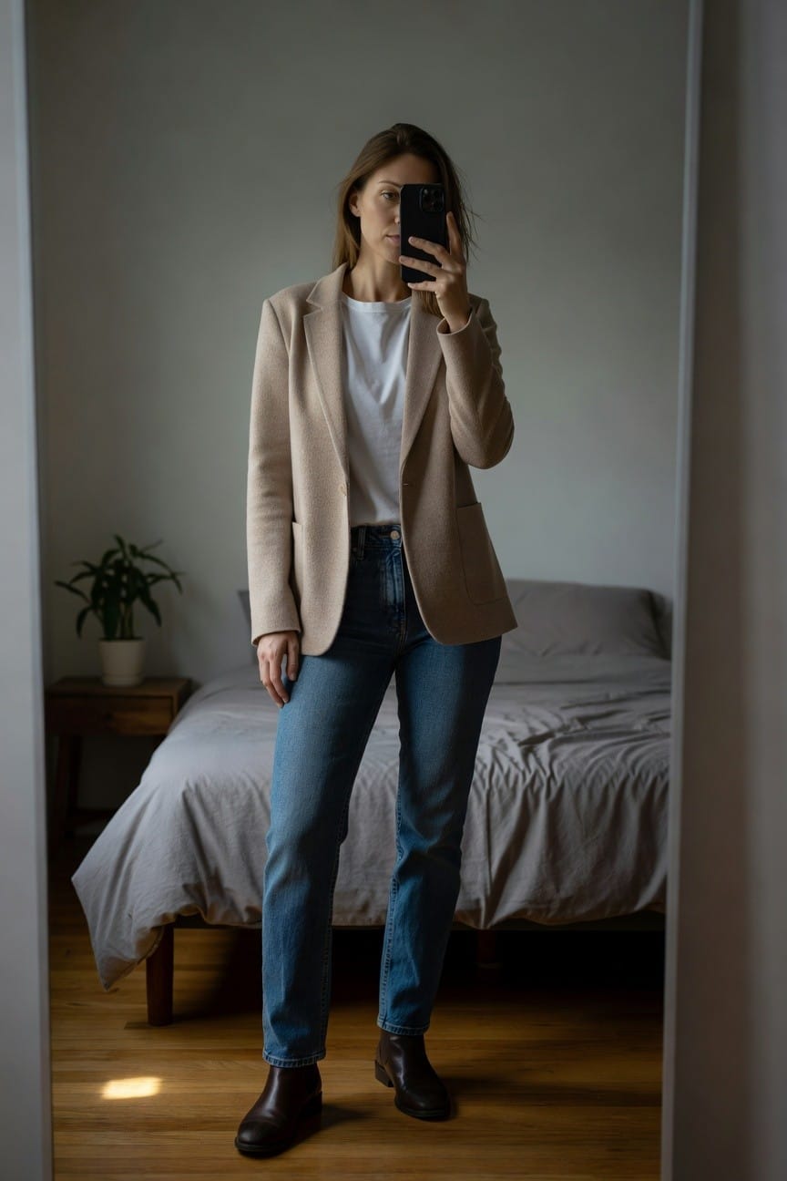 Woman in camel blazer over white t-shirt tucked into straight-leg blue jeans and brown leather ankle boots, mirror selfie in bedroom