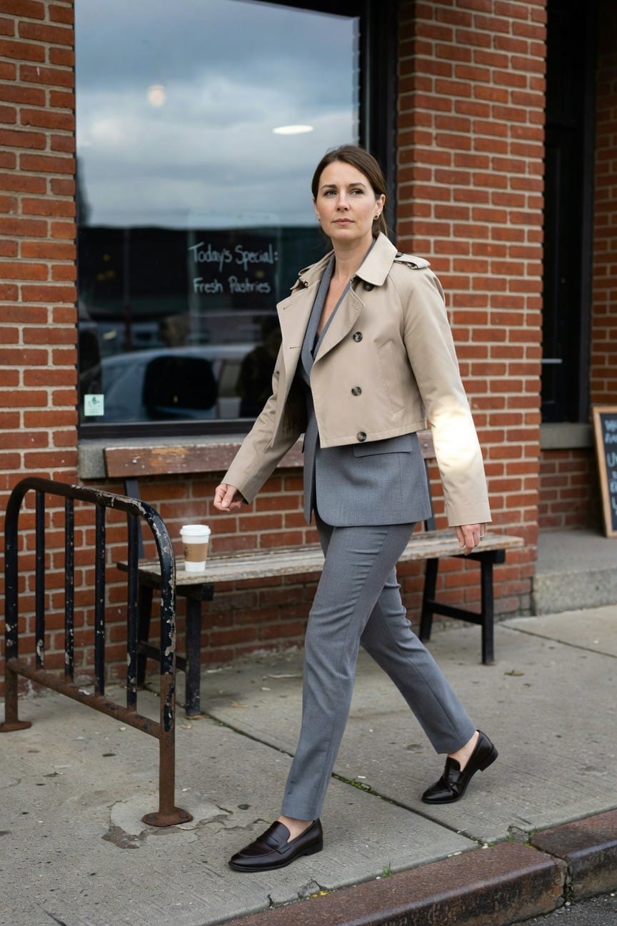 Woman walking in cropped beige trench coat over gray tailored suit jacket and pants with black loafers, holding white coffee cup, brick wall and bench in background