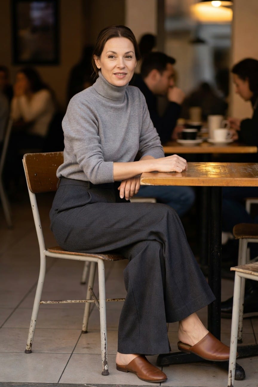 Woman seated at a cafe table in a light gray turtleneck sweater, dark gray wide-leg trousers, and brown leather mule slippers, arms crossed casually on the wooden tabletop