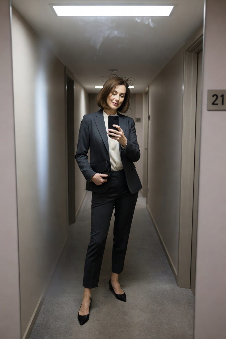 Woman in tailored charcoal gray blazer and matching cropped pants with white blouse, black pointed heels, and clutch, standing in beige hotel corridor near room 21 while taking a selfie on her phone