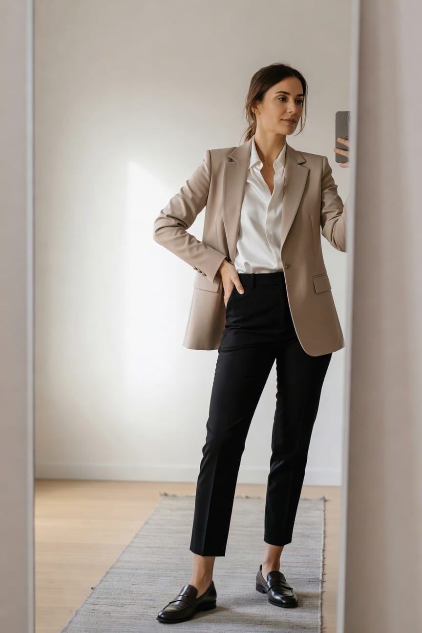Woman in a mirror selfie wearing a tan blazer over white blouse, black cropped trousers, and black loafers, hand on hip in a modern bedroom setting