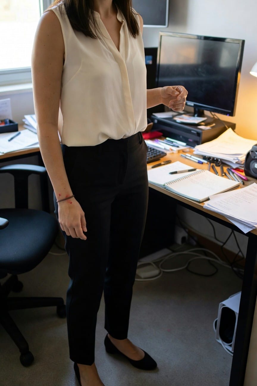Woman in office setting wearing cream sleeveless silk blouse tucked into high-waisted black straight-leg trousers with black ballet flats and thin red bracelet on left wrist