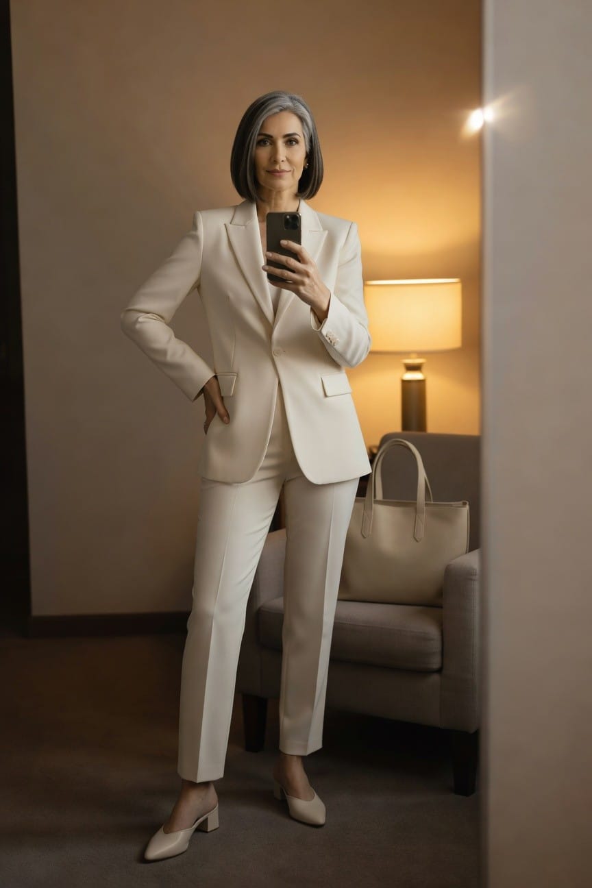 Mature woman with silver bob haircut posing confidently in a cream tailored blazer and matching straight-leg pants, nude mule heels, holding phone for selfie in a neutral room with cream tote bag on chair nearby