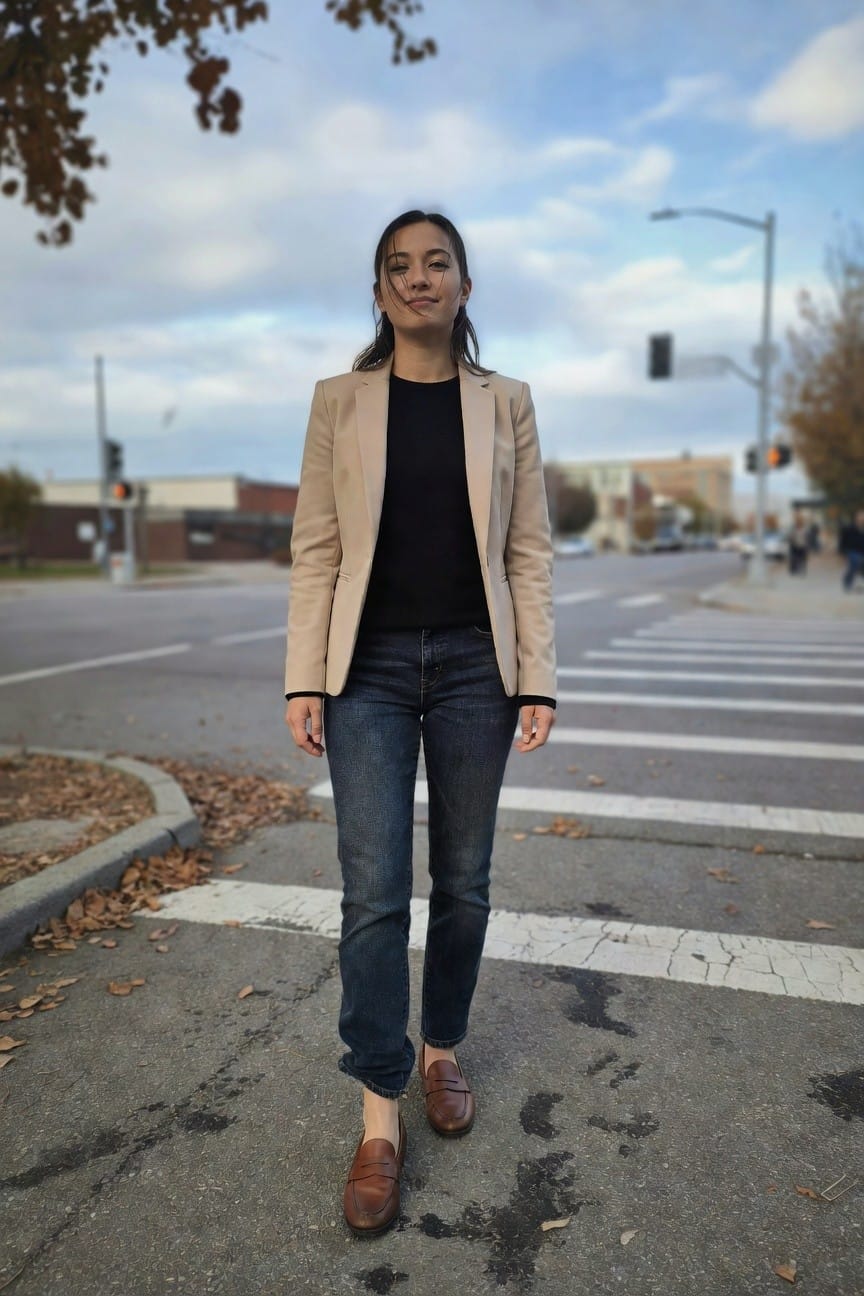 Woman standing at urban crosswalk in beige blazer over black top, dark slim jeans, and brown loafers, minimalist work style