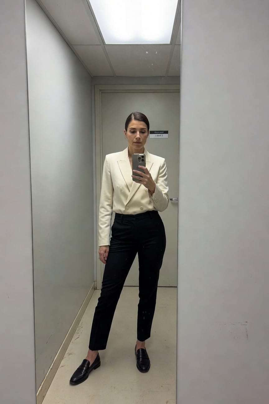 Woman taking a mirror selfie in a cream double-breasted blazer, black slim trousers, and black loafers, standing in a mirrored elevator hallway with white walls and tiled floor