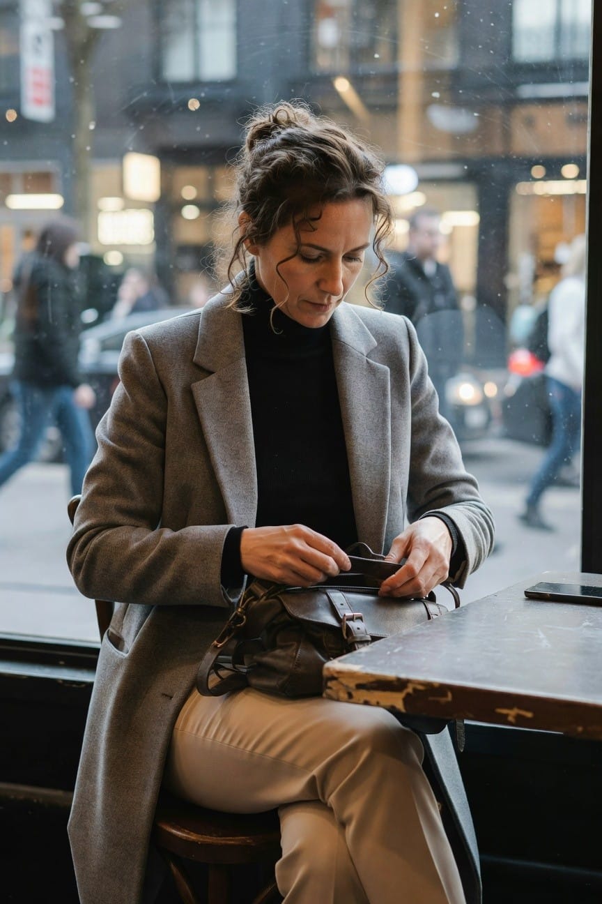Woman seated at a table wearing a gray wool coat over black turtleneck, beige wide-leg trousers, brown leather crossbody bag, holding a glasses case, with phone on table