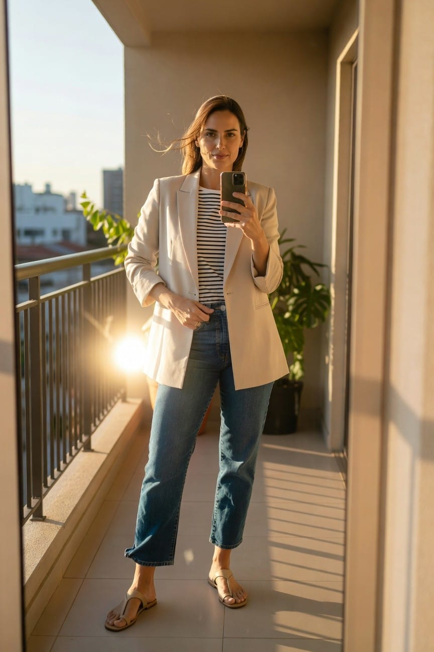Woman taking a selfie on a balcony wearing a cream blazer over black-and-white striped shirt tucked into light blue straight-leg jeans and tan flat sandals, hands in pockets, city view in background