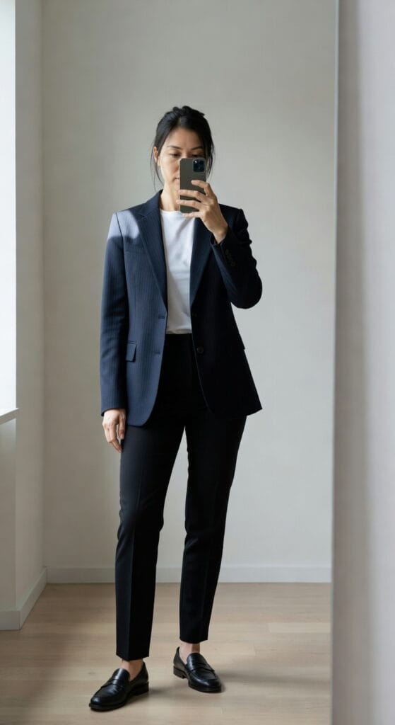Asian woman in tailored navy blazer over white t-shirt, black wide-leg trousers, and brown penny loafers, taking a mirror selfie in a minimalist room