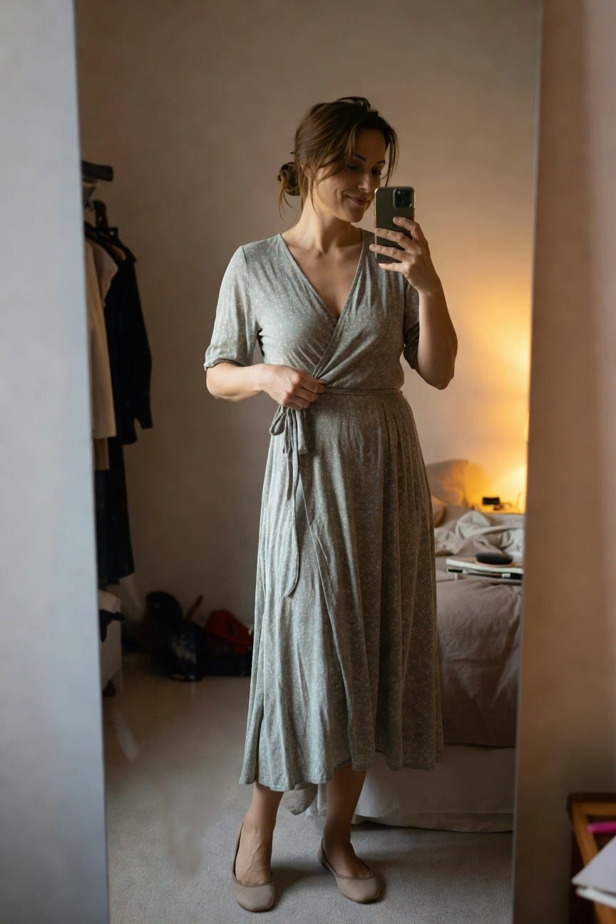 Woman standing in front of mirror wearing a light gray printed wrap midi dress with short sleeves and tie belt at waist, nude pointed flat shoes, hair in loose bun, holding phone for selfie in bedroom setting
