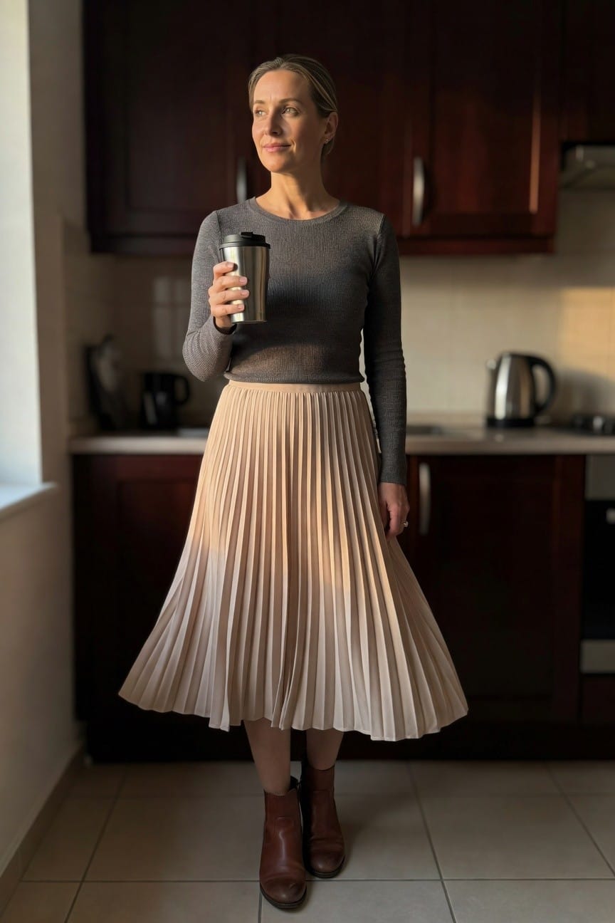 Woman in a grey long-sleeve knit sweater and beige pleated midi skirt standing in a kitchen, holding a silver travel mug, wearing brown ankle boots, side profile view