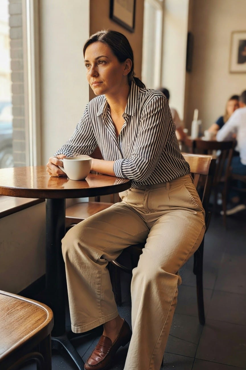 Woman sitting at a small wooden table in a striped long-sleeve blouse, beige wide-leg trousers, and brown loafers, holding a white mug, viewed from side in a cafe setting