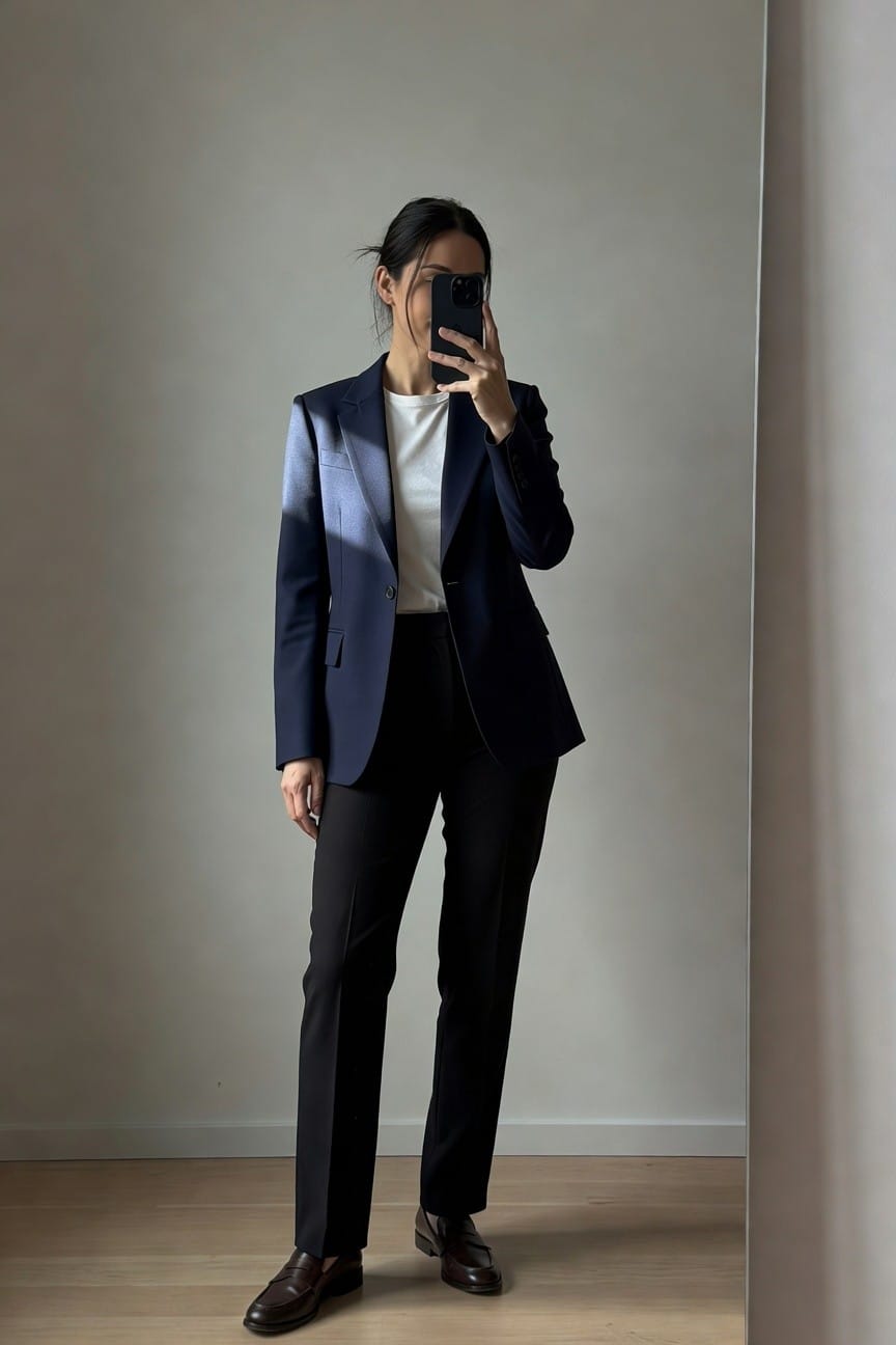 Asian woman in tailored navy blazer over white t-shirt, black wide-leg trousers, and brown penny loafers, taking a mirror selfie in a minimalist room