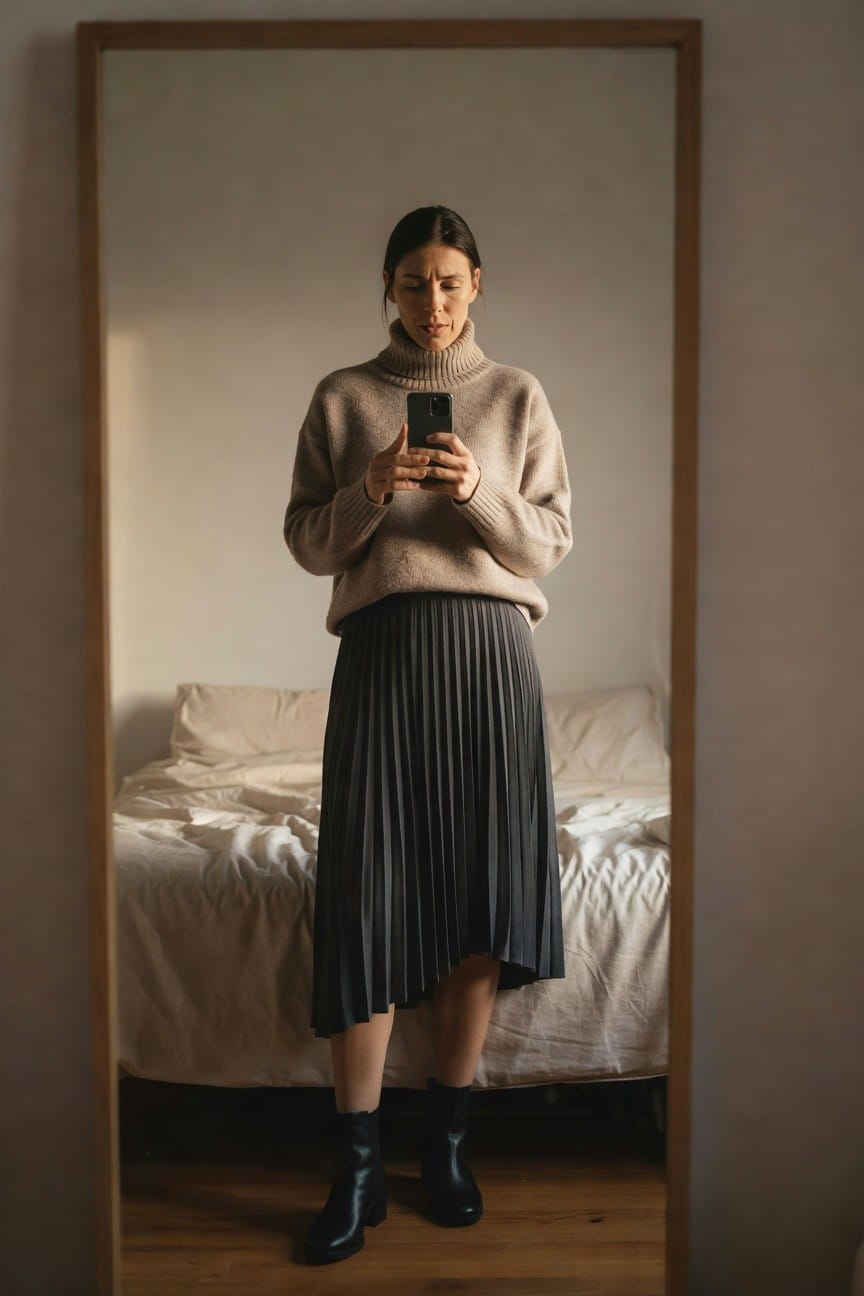 Woman in beige turtleneck knit sweater, black pleated midi skirt with asymmetric hem, and black leather ankle boots, standing in front of mirror holding phone
