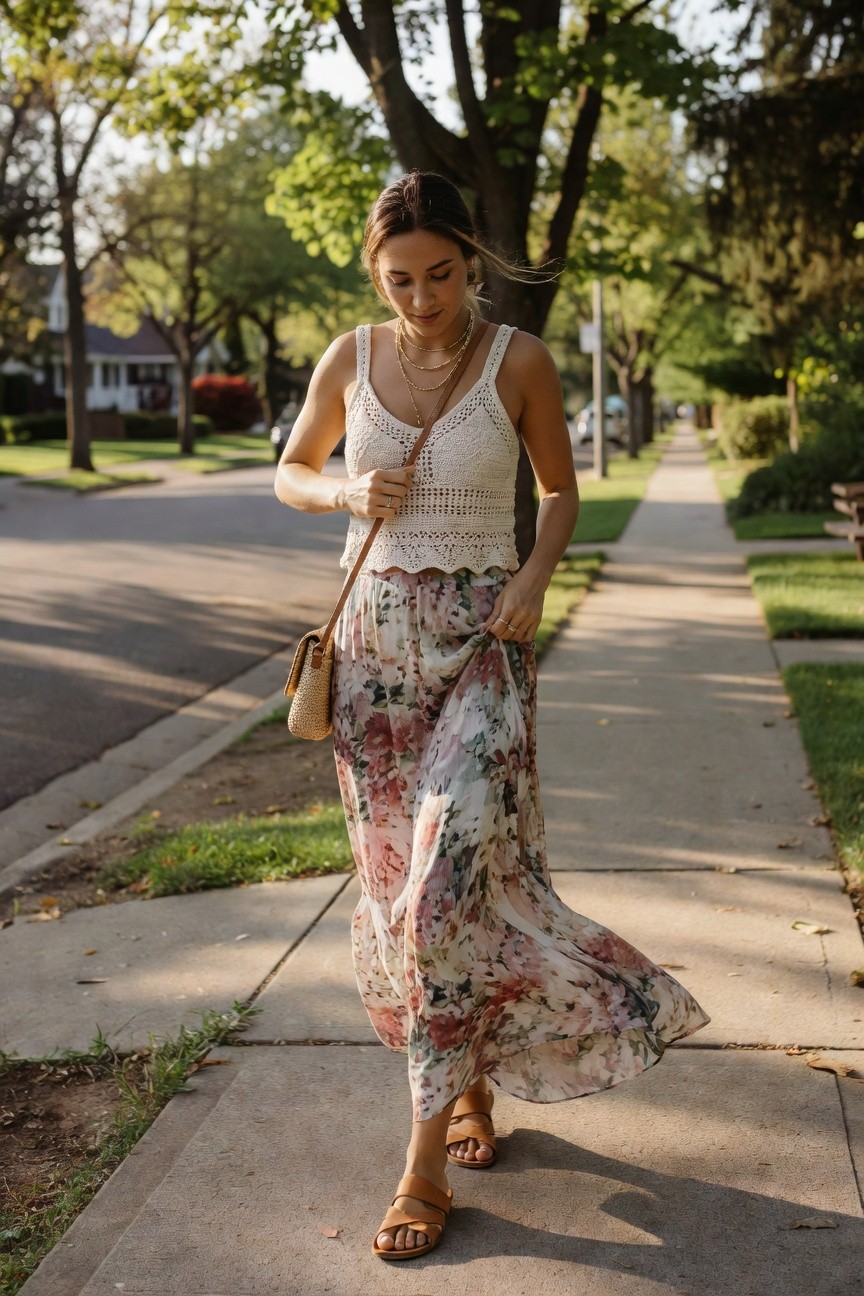 Woman in a white crochet crop tank tucked into a long flowing floral maxi skirt with pink and green tones, paired with brown flat sandals and a small woven crossbody bag.