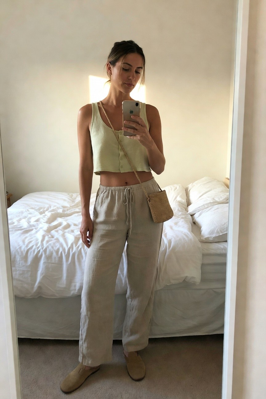 Woman in a mint green button-front crop top and beige linen drawstring pants with a small woven crossbody bag and beige flat shoes standing in a bedroom mirror selfie.