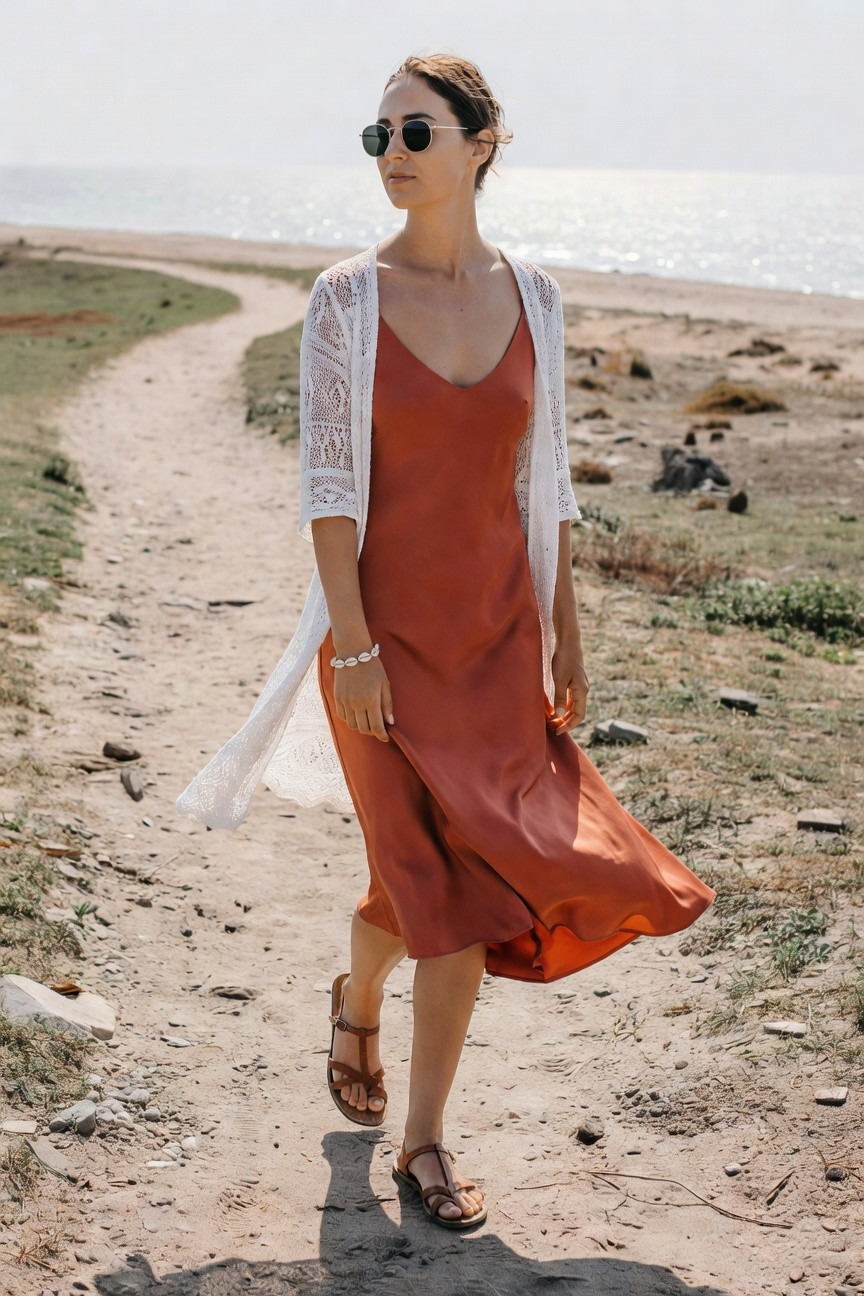 Rust Slip Dress With Lace Cardigan