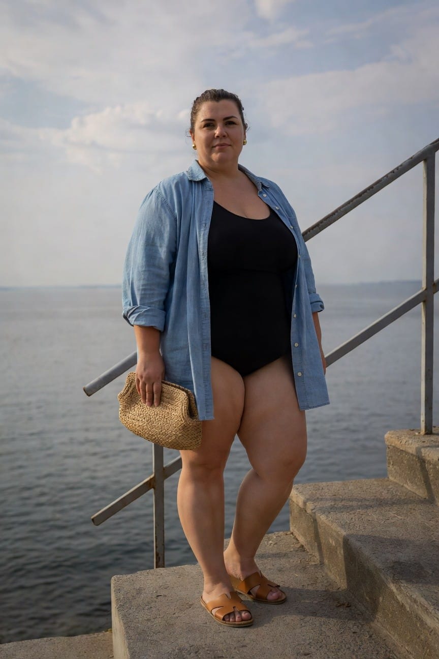 Woman in black swimsuit and denim shirt stands by water on concrete steps.