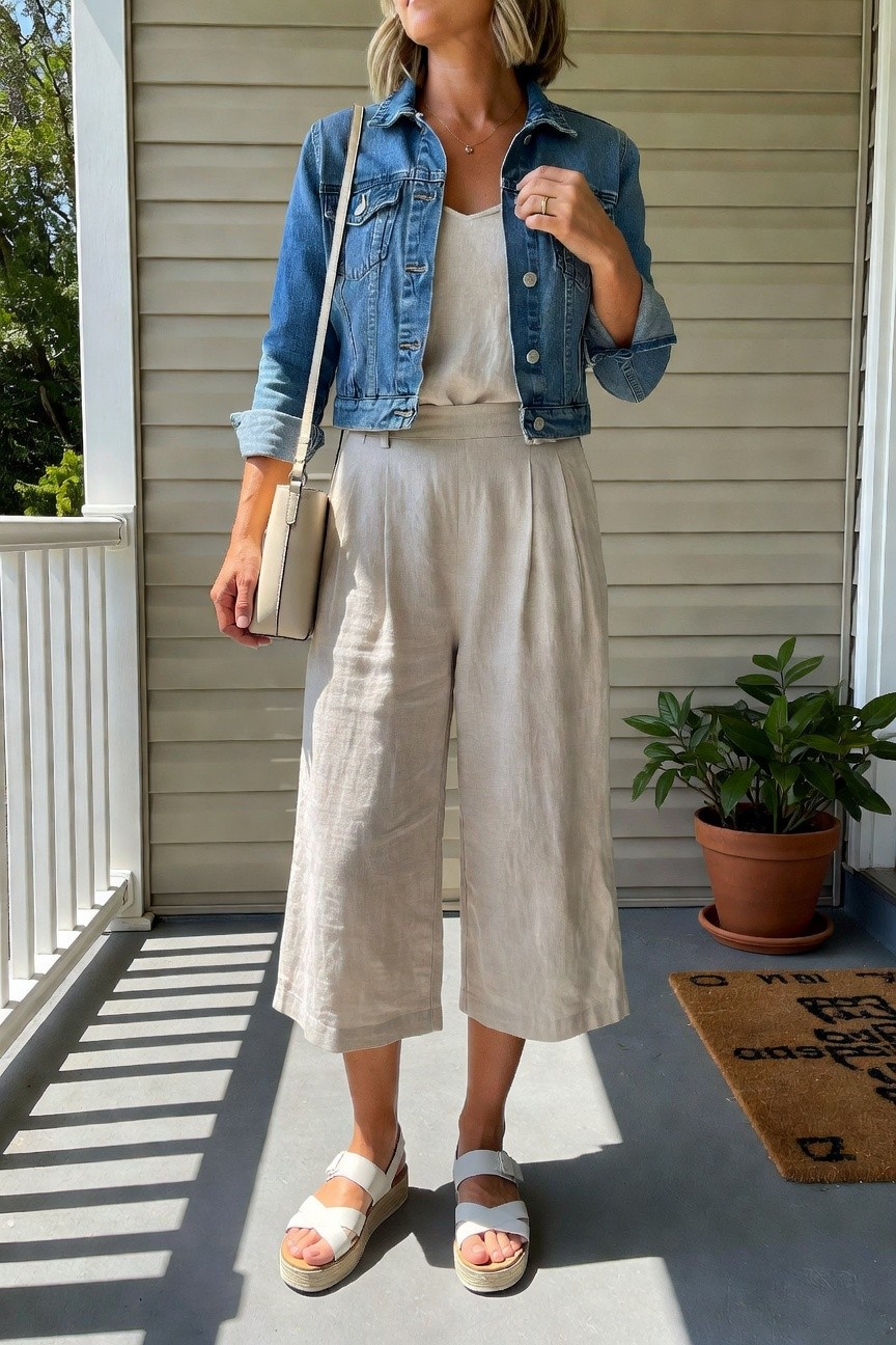 Denim Jacket Over Neutral Wide Pants