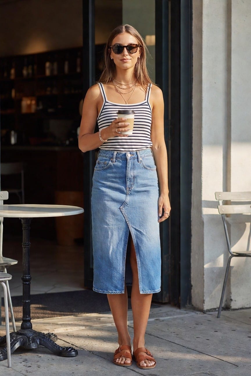 Striped Tank Top And Midi Denim Skirt