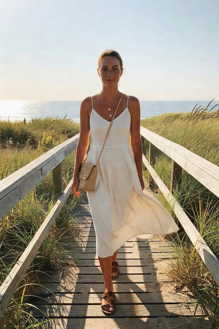 White Midi Dress And Brown Sandals