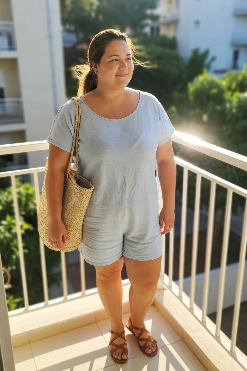 Woman in light blue romper holding woven bag on sunny balcony.