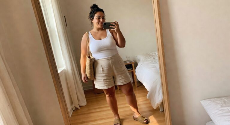 17 Inspiring Mom Summer Outfits Plus Size Women Can Throw On Fast Plus size woman wearing a white ribbed tank top with beige mid rise shorts and matching slides while holding a woven shoulder bag in a mirror selfie.