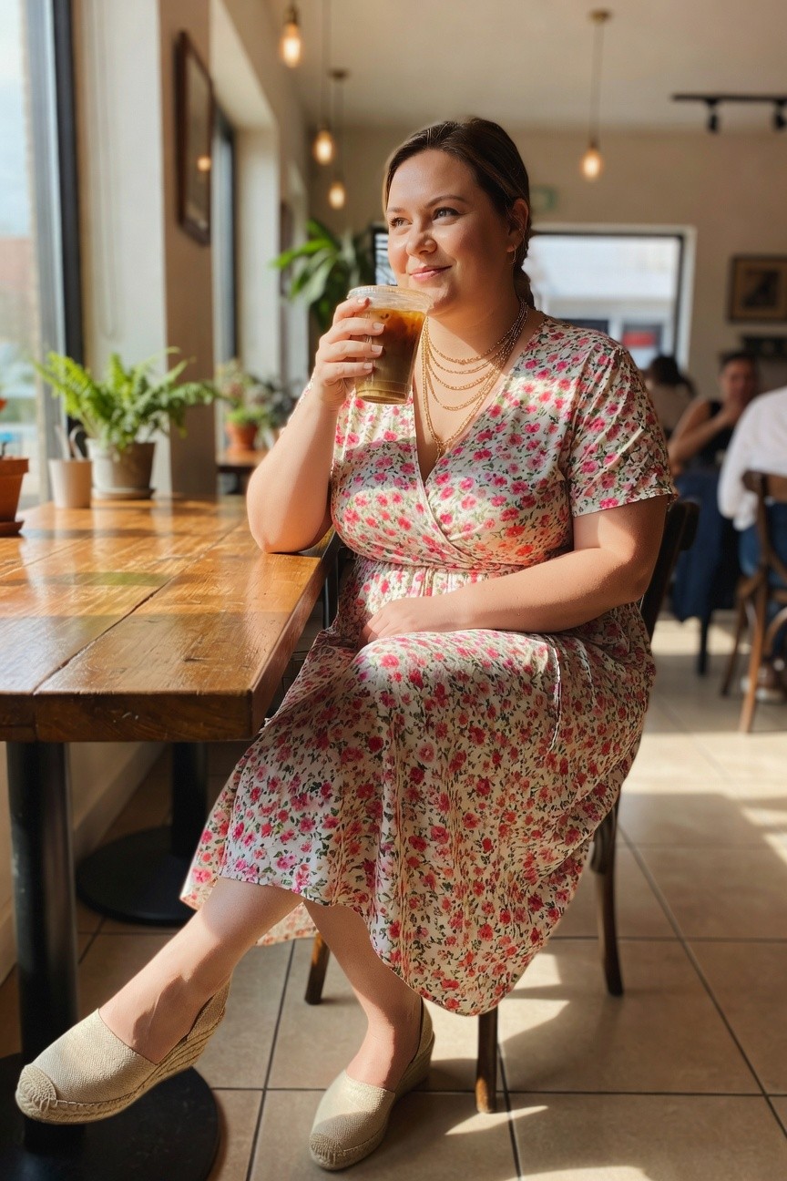 Plus size woman in a short sleeve floral wrap midi dress with layered gold necklaces and beige espadrille wedges sitting casually at a wooden table.