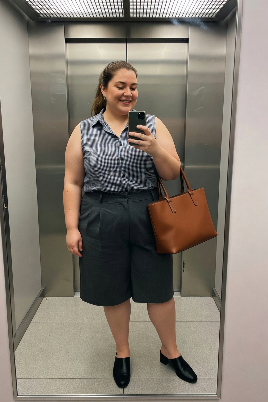 Woman in gingham top and gray shorts taking a mirror selfie in elevator.