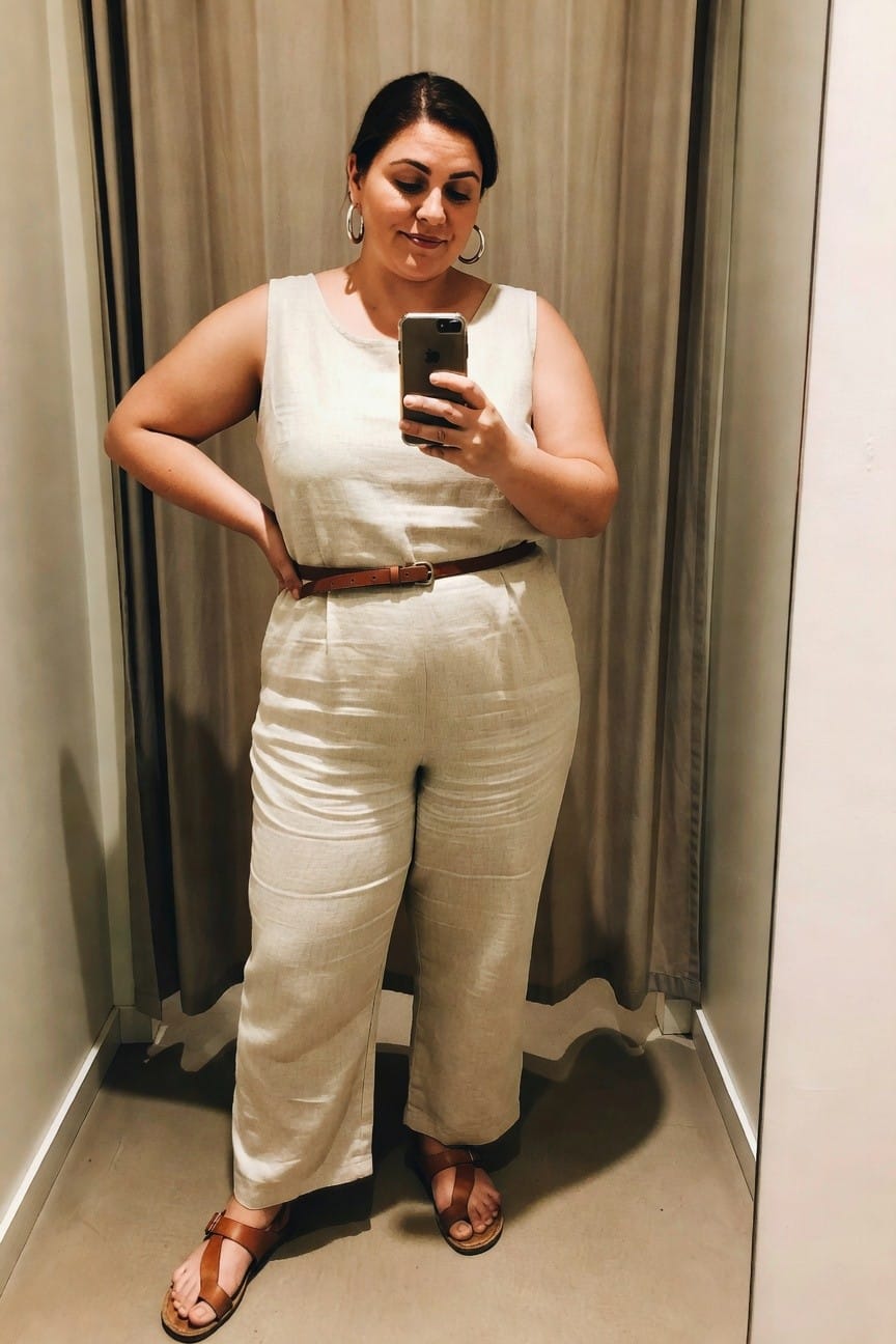 Woman in beige linen outfit taking a mirror selfie.
