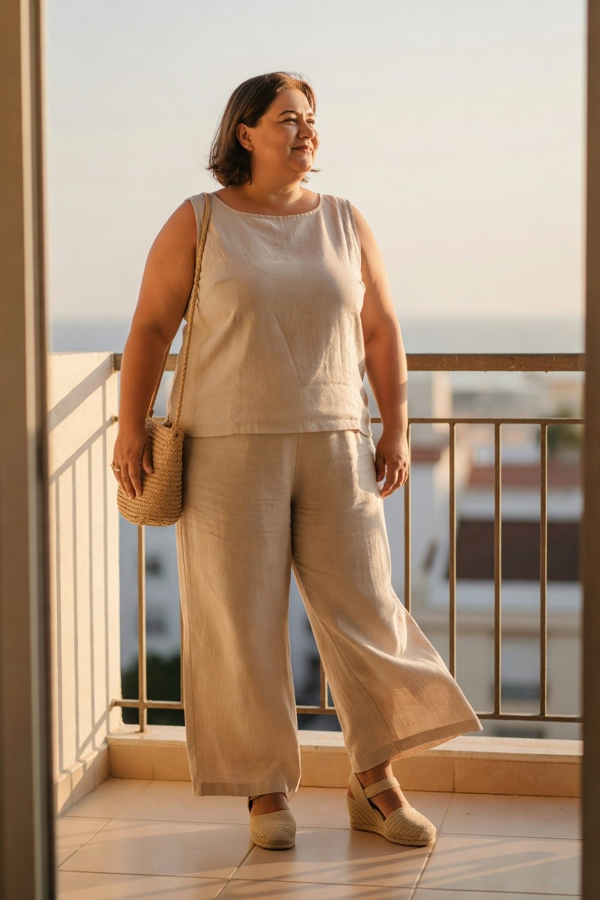 Plus size woman wearing a matching beige linen sleeveless top and wide leg cropped pants with a woven straw crossbody bag and espadrille wedge shoes standing on a balcony.