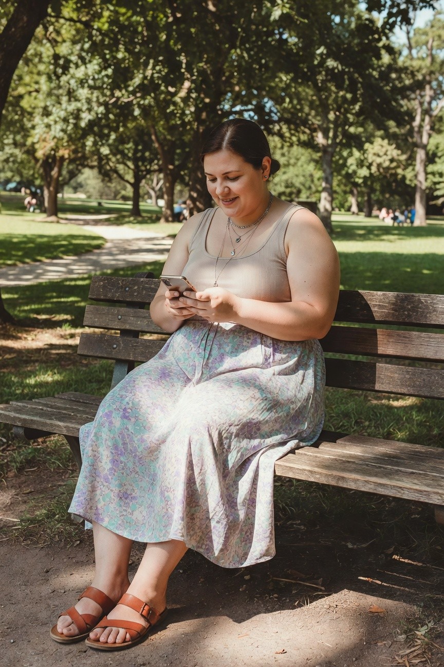 Woman in floral dress checks phone on park bench.