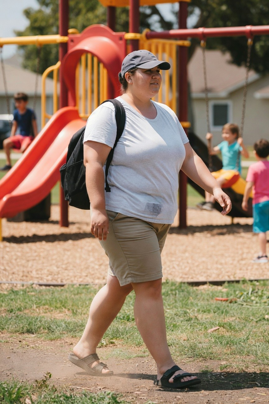 Woman in gray shirt and cap walks past playground with children.