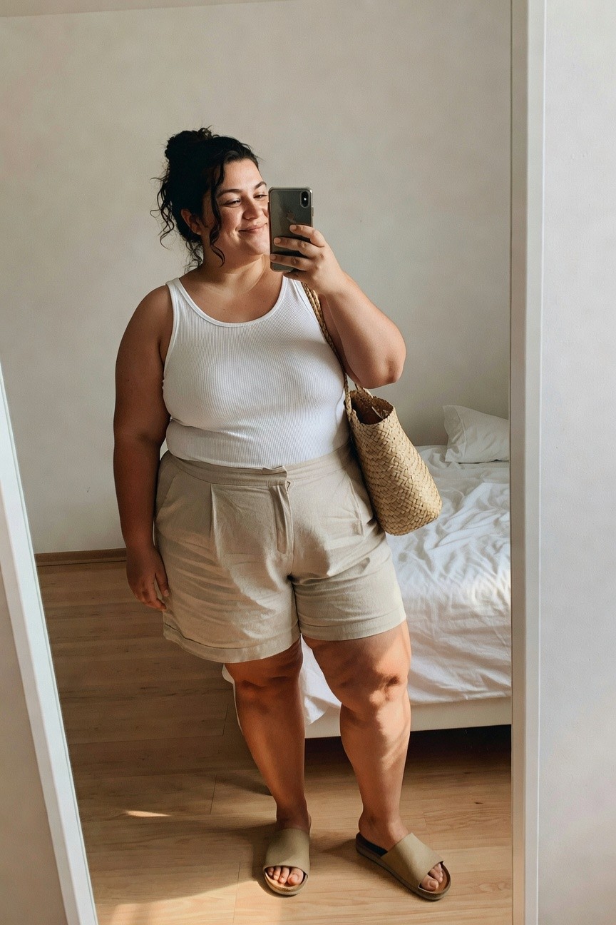 Plus size woman wearing a white ribbed tank top with beige mid rise shorts and matching slides while holding a woven shoulder bag in a mirror selfie.