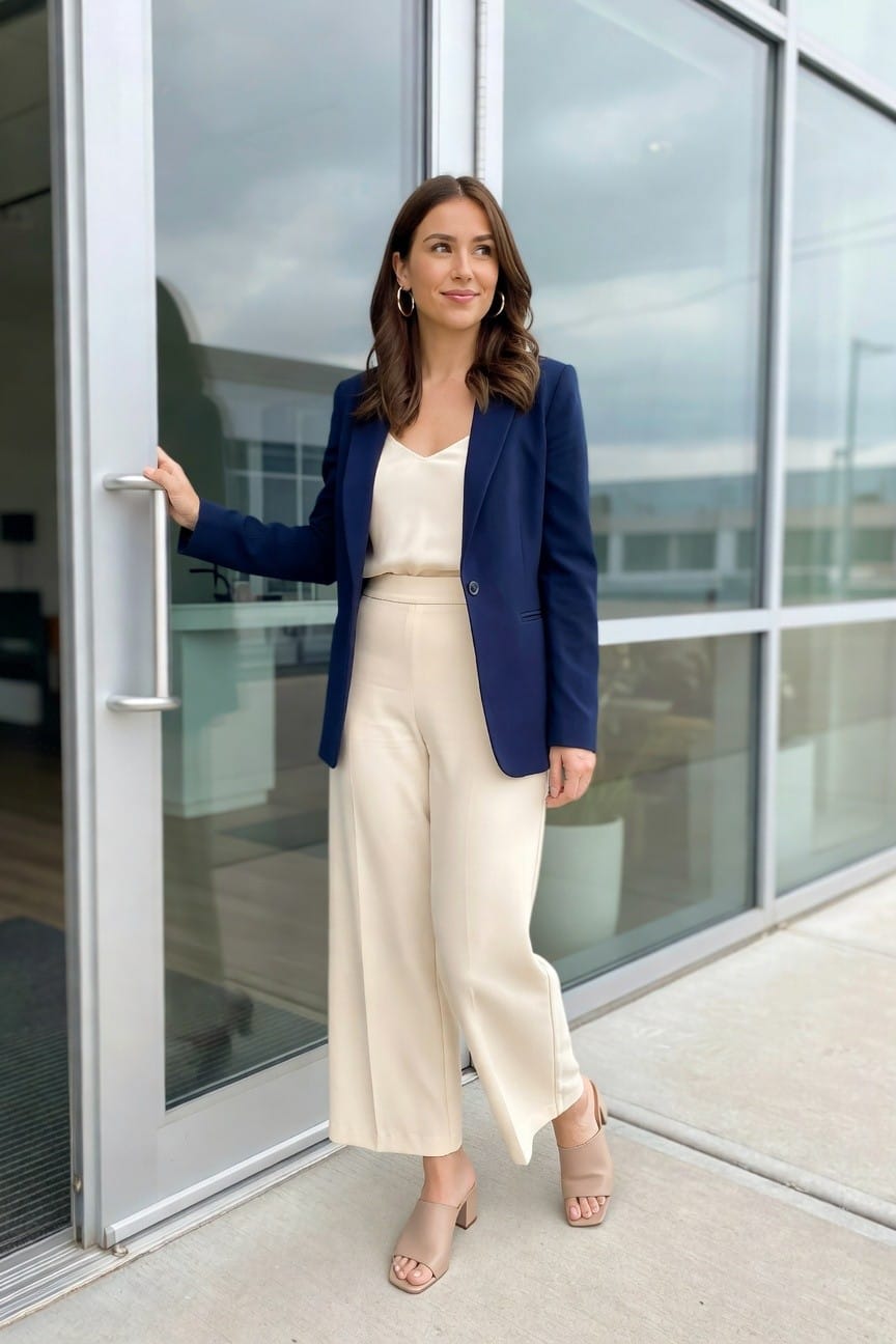 Woman in navy blazer and cream wide-leg pants by glass door.