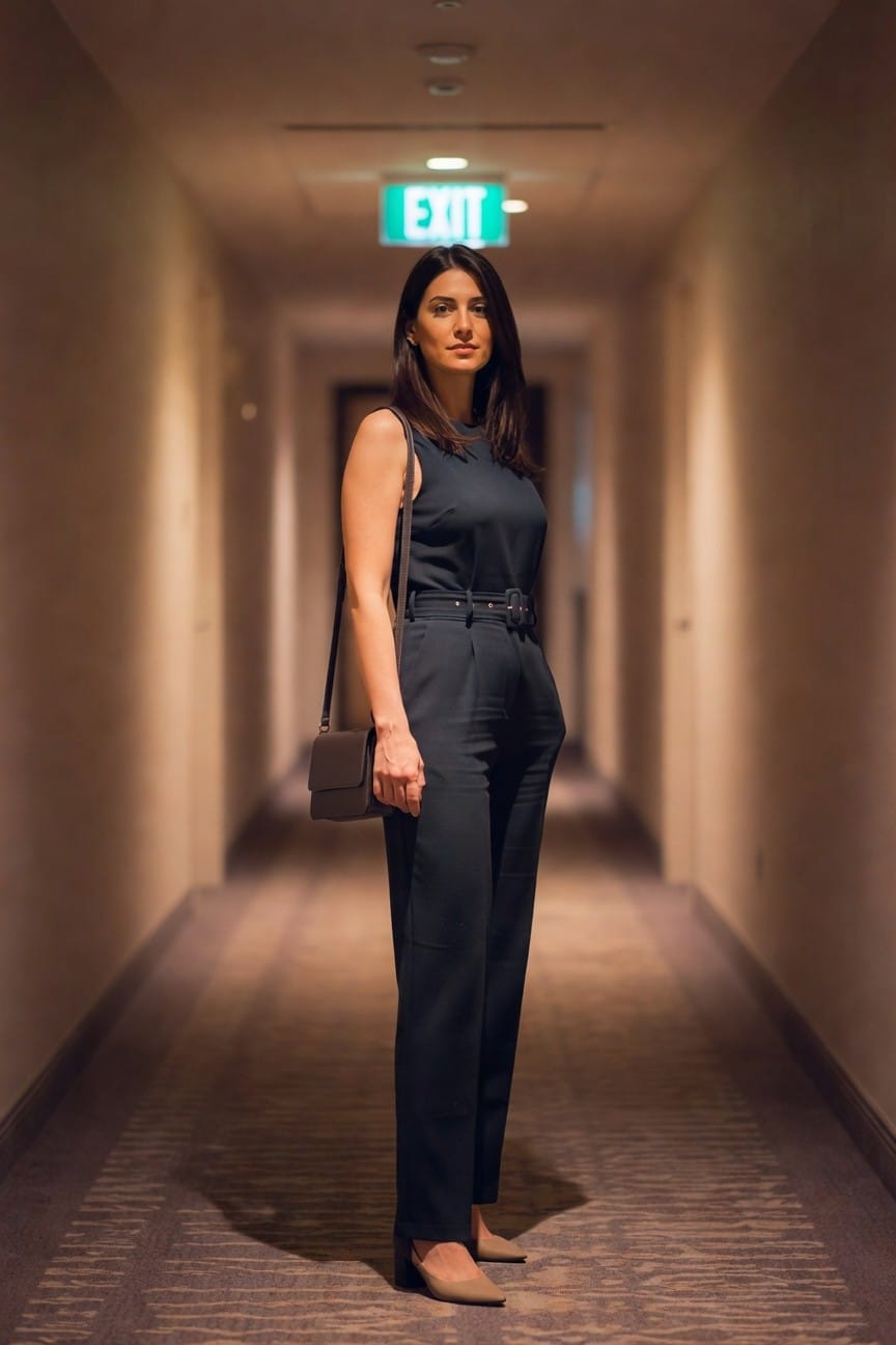 Woman in navy jumpsuit with shoulder bag stands in hotel hallway.