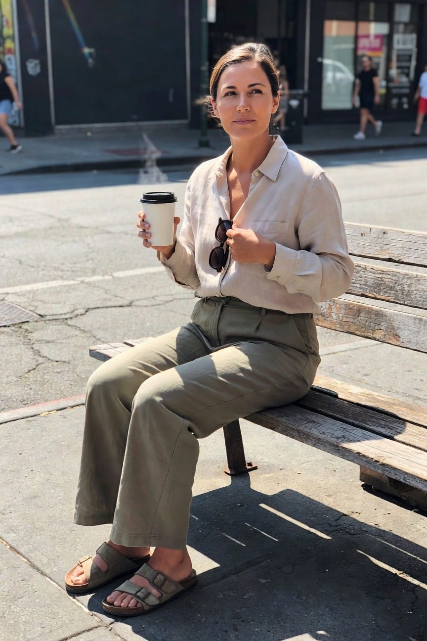 Woman in beige shirt and olive pants sits on bench holding coffee.