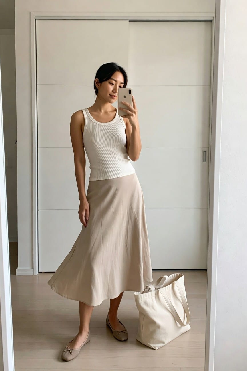 Woman in cream tank top and midi skirt taking a mirror selfie.