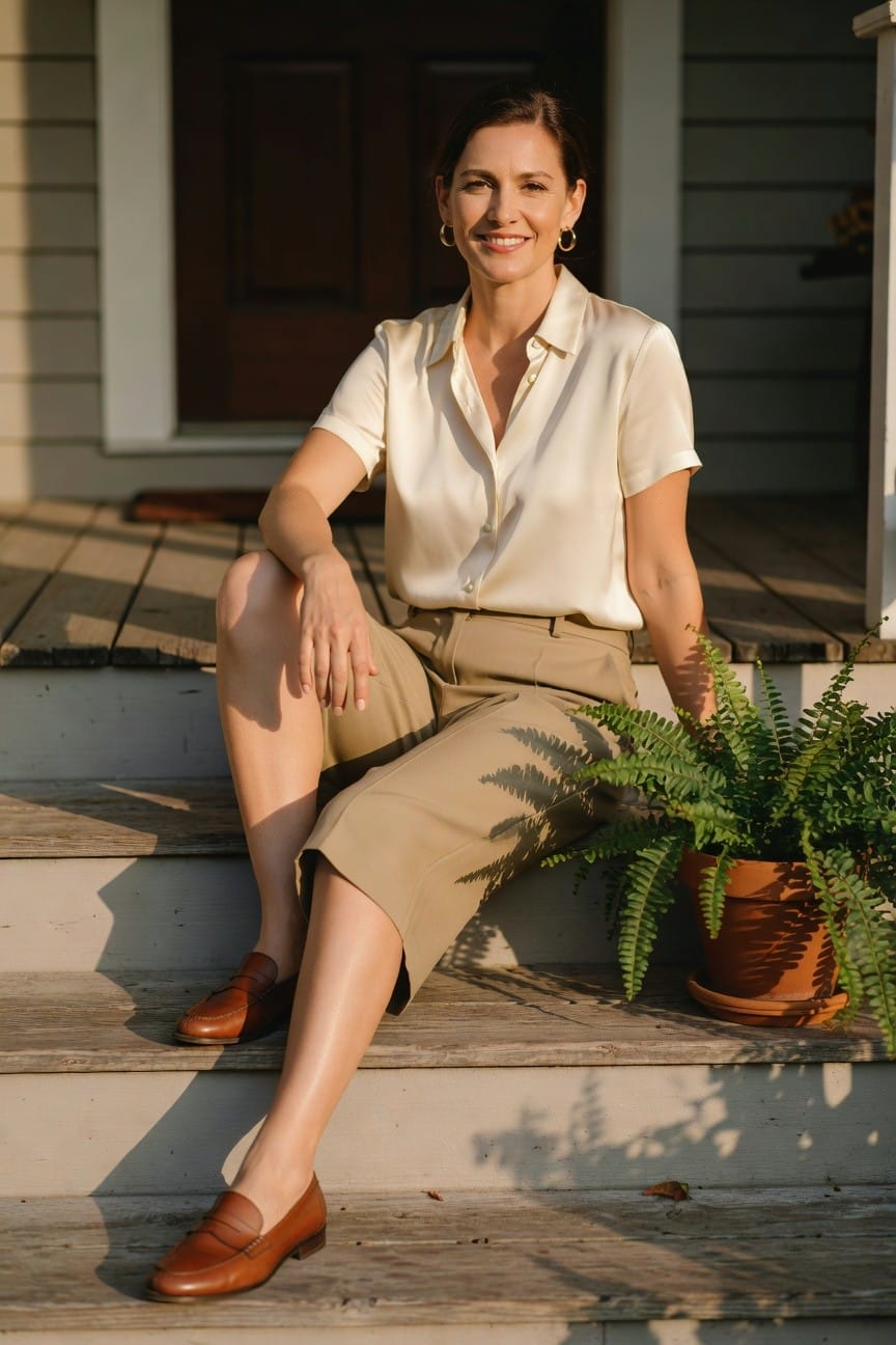 Woman in cream blouse and khaki skirt sits smiling on wooden porch steps beside fern.
