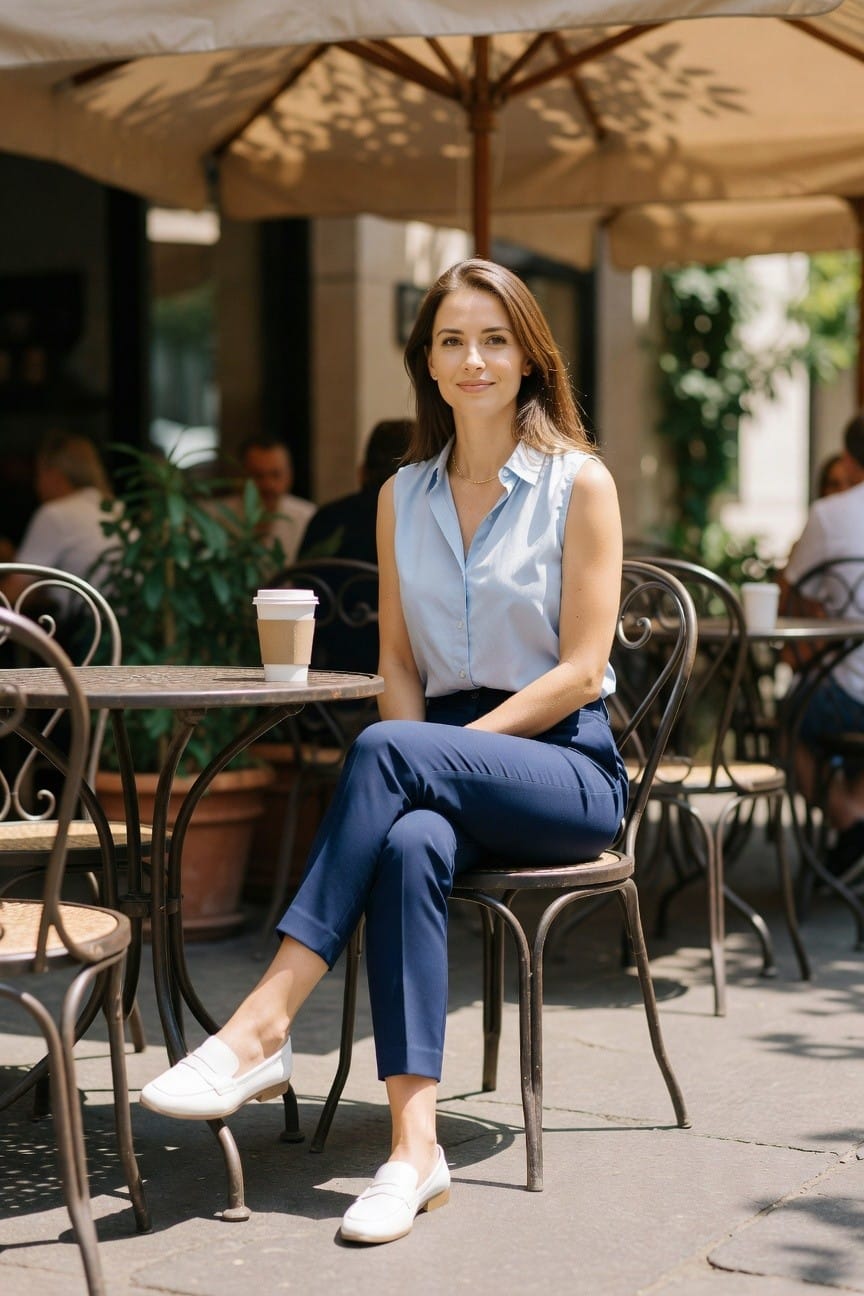 Woman in light blue sleeveless shirt and navy pants sits at outdoor cafe table.
