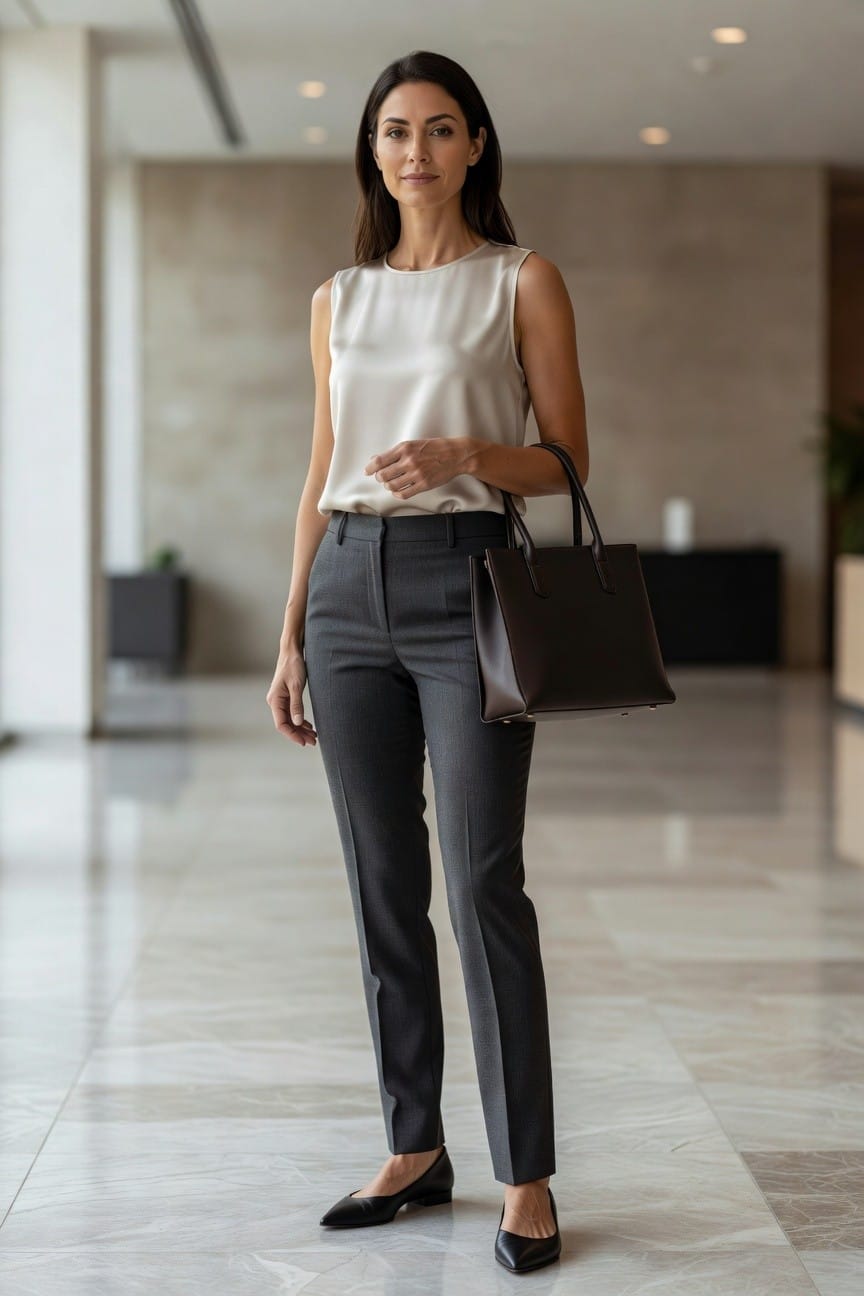 Woman in white sleeveless blouse and gray trousers holding brown handbag.
