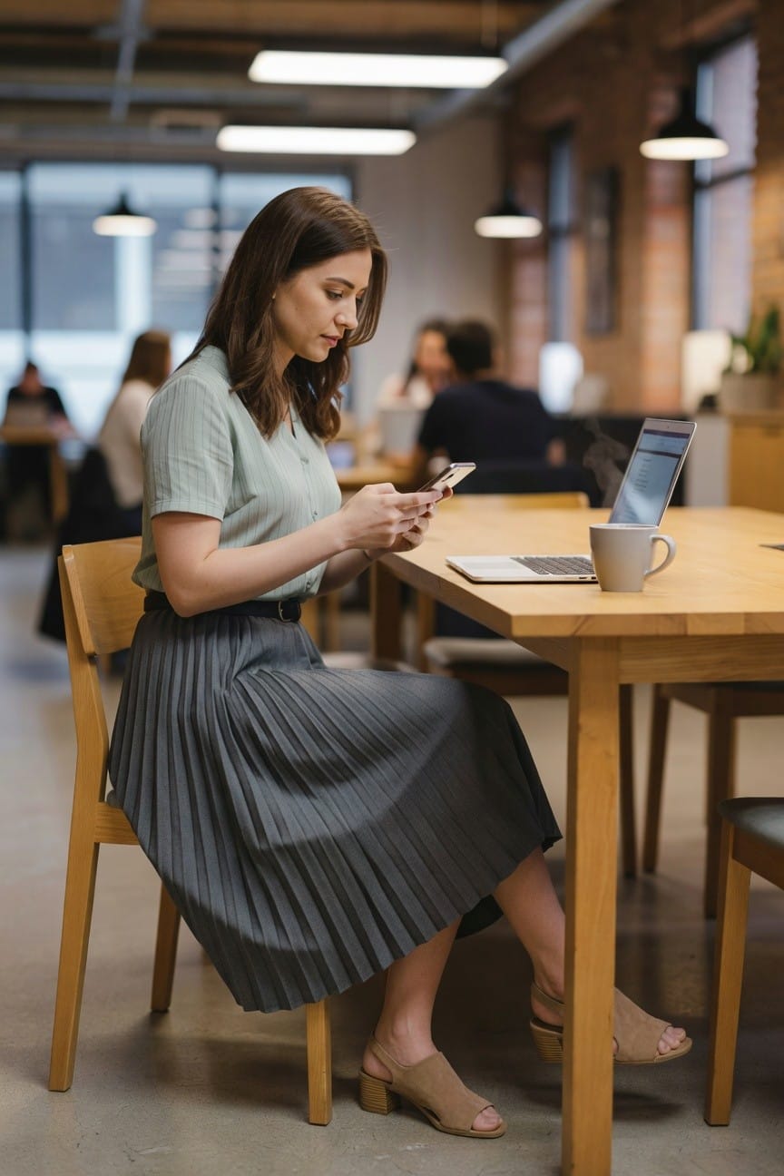 Woman in green top and gray pleated skirt uses phone at wooden table with laptop.