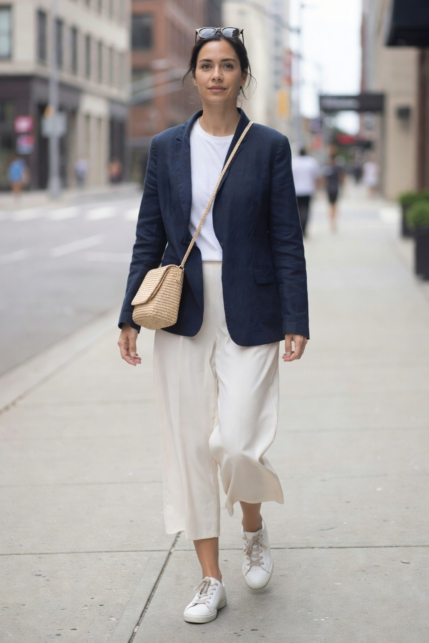 Navy Blazer With White Cropped Pants