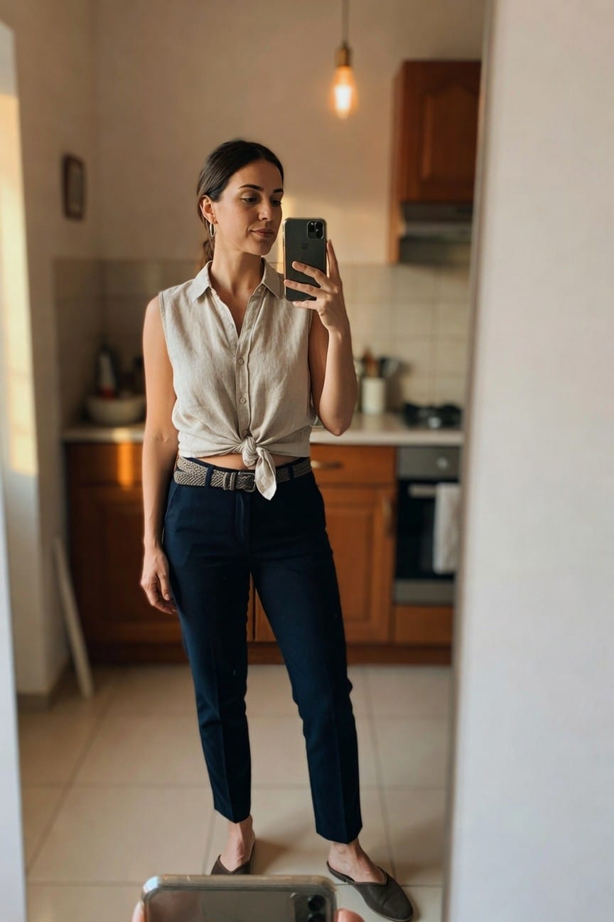 Tied Linen Shirt And Straight Pants