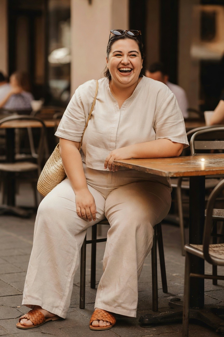 Smiling woman in beige outfit and woven bag seated at outdoor cafe table.